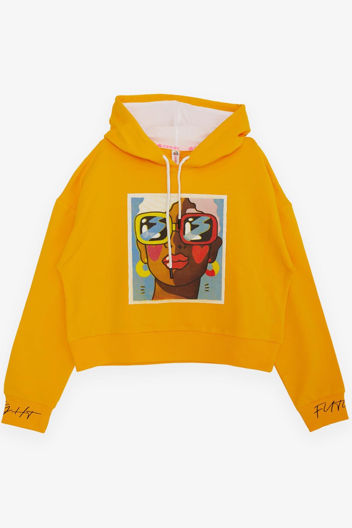 CEGISA Kız Çocuk Sweatshirt Gözlüklü Kız Figürlü Sarı (11-14 Yaş)