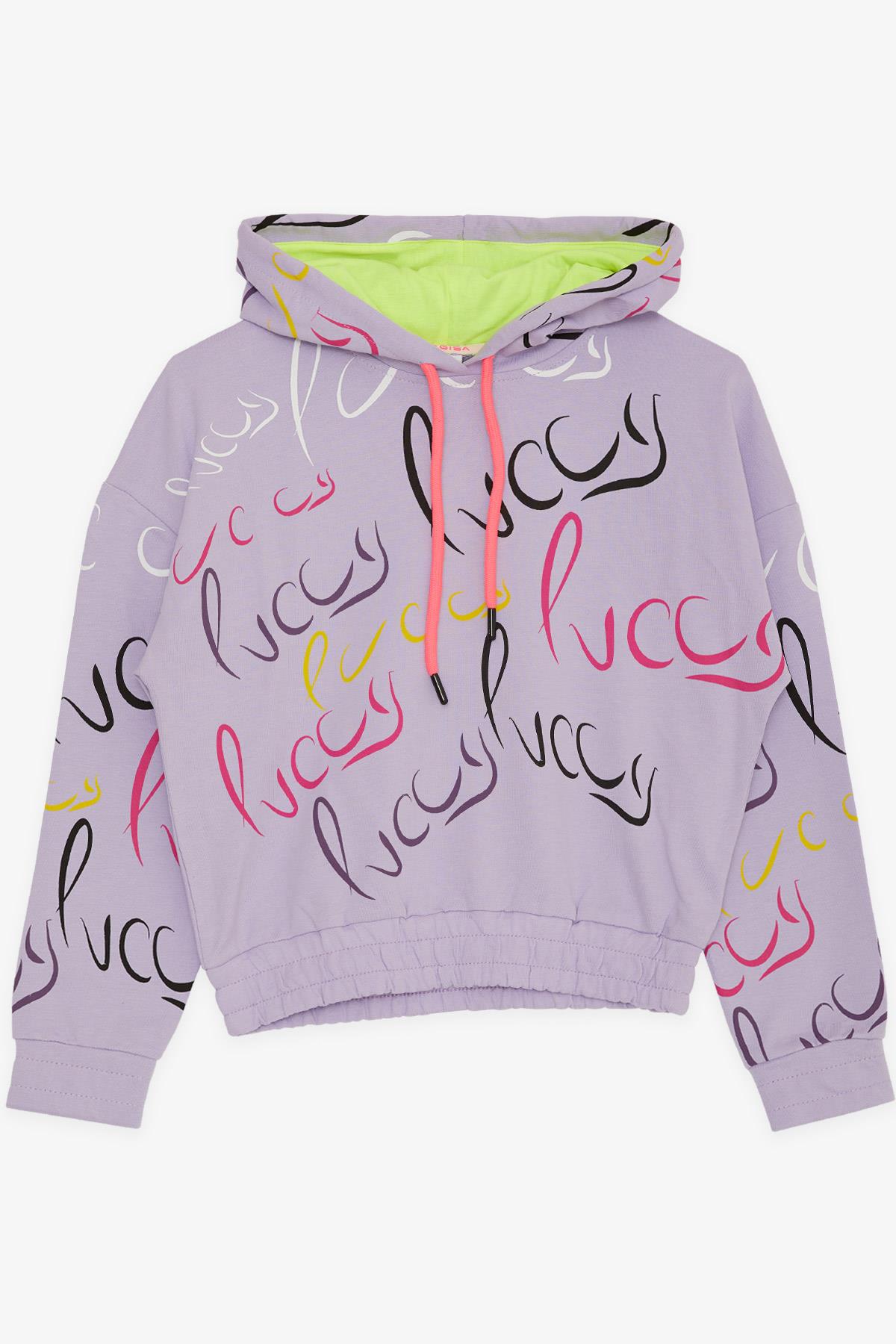 CEGISA Kız Çocuk Sweatshirt Luccy Renkli Yazı Desenli Kapüşonlu Lila (7-10 Yaş)