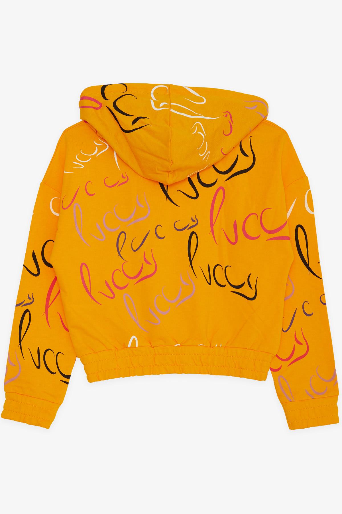 CEGISA Kız Çocuk Sweatshirt Luccy Renkli Yazı Desenli Kapüşonlu Hardal Sarı (7-10 Yaş)