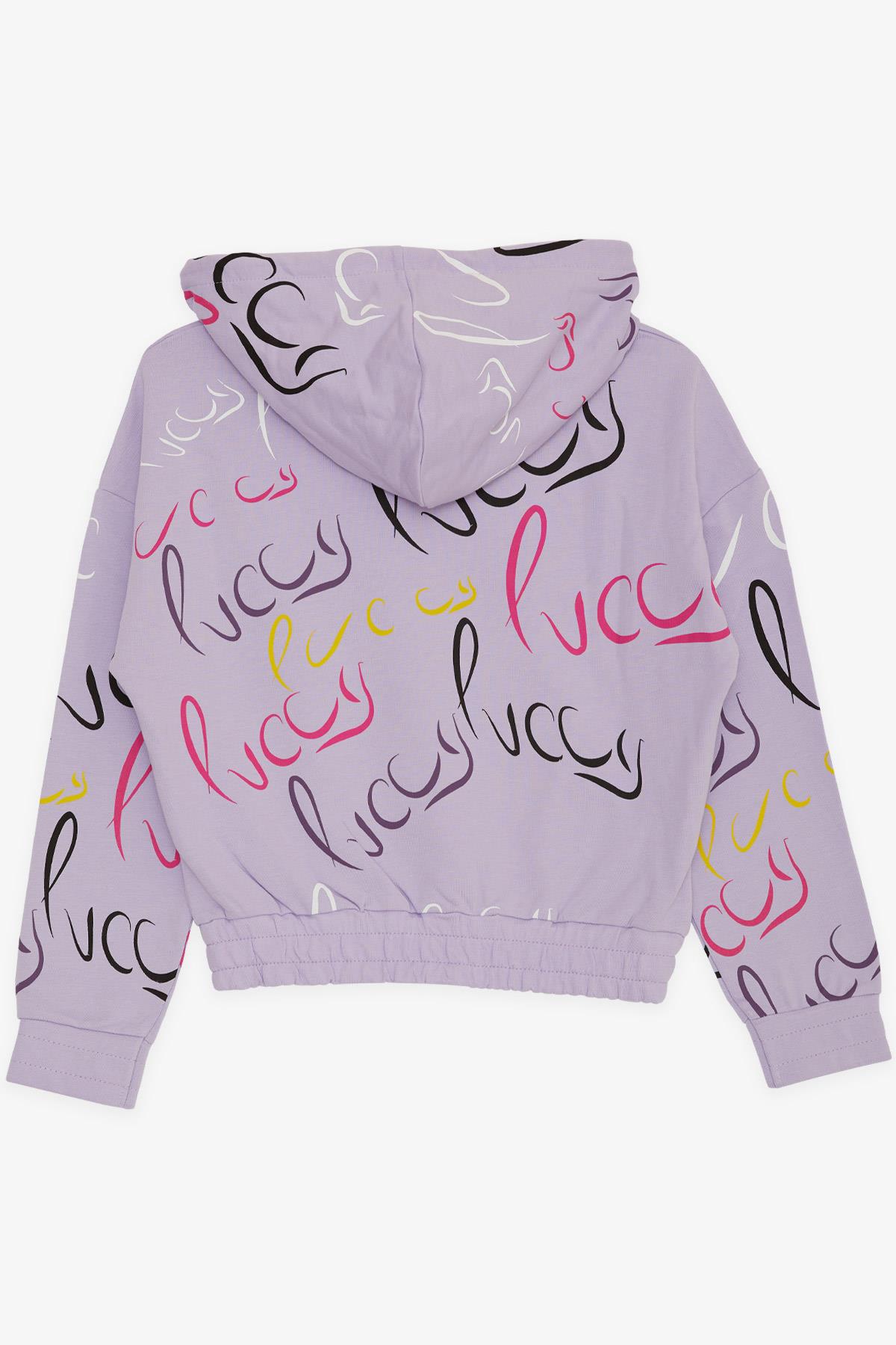 CEGISA Kız Çocuk Sweatshirt Luccy Renkli Yazı Desenli Kapüşonlu Lila (7-10 Yaş)