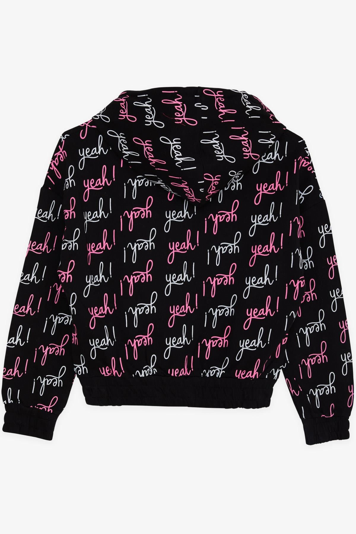 CEGISA Kız Çocuk Sweatshirt Renkli Yazı Baskılı Kapüşonlu Siyah (7-10 Yaş)