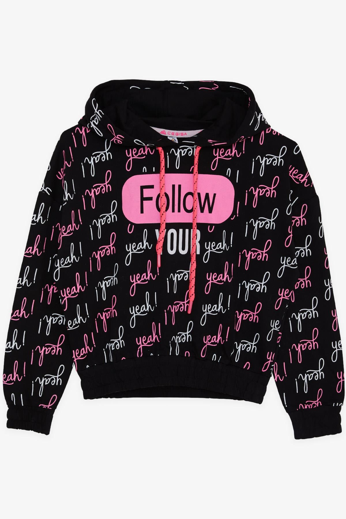 CEGISA Kız Çocuk Sweatshirt Renkli Yazı Baskılı Kapüşonlu Siyah (7-10 Yaş)