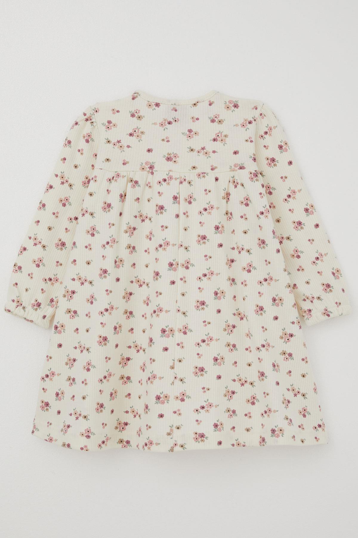 Deco Kız Çocuk Uzun Kollu Elbise Çiçek Desenli Fiyonk Aksesuarlı Ekru (2-5 Yaş)