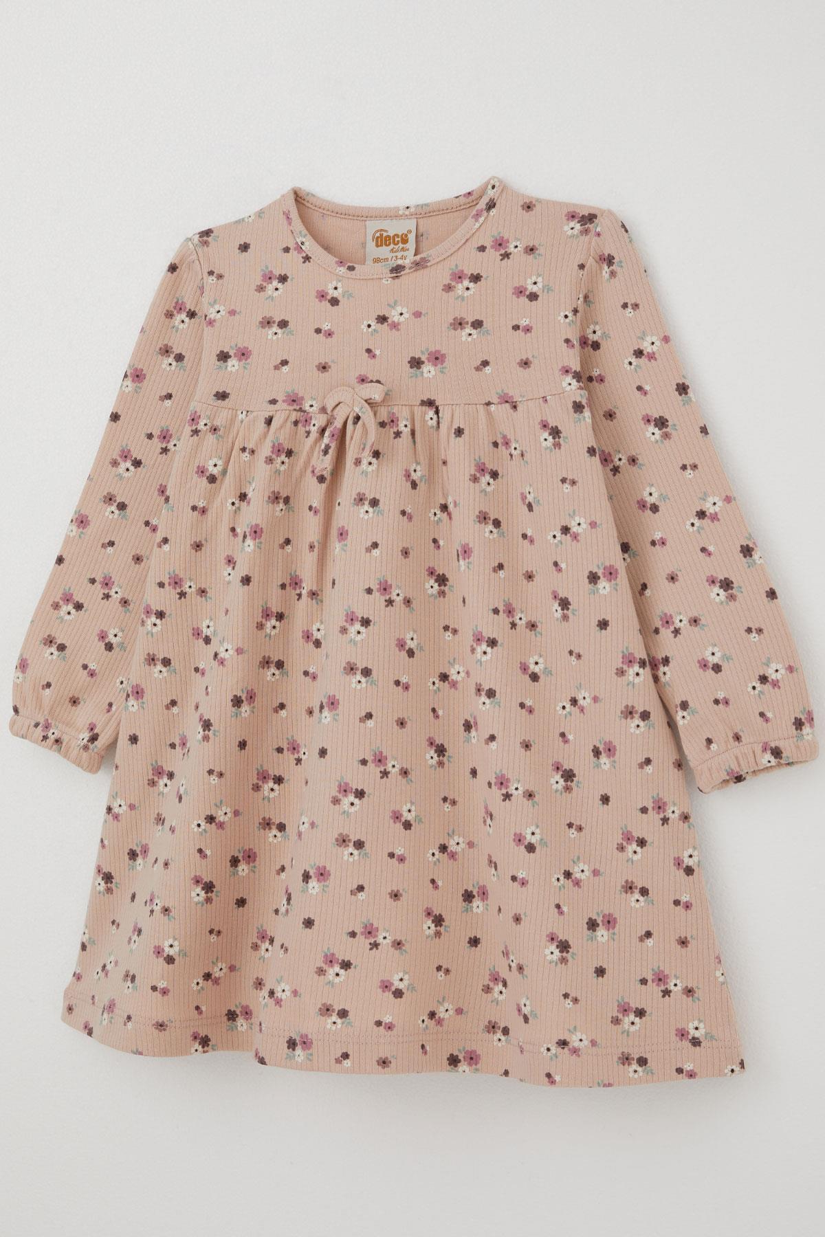 Deco Kız Çocuk Uzun Kollu Elbise Çiçek Desenli Fiyonk Aksesuarlı Pudra (2-5 Yaş)