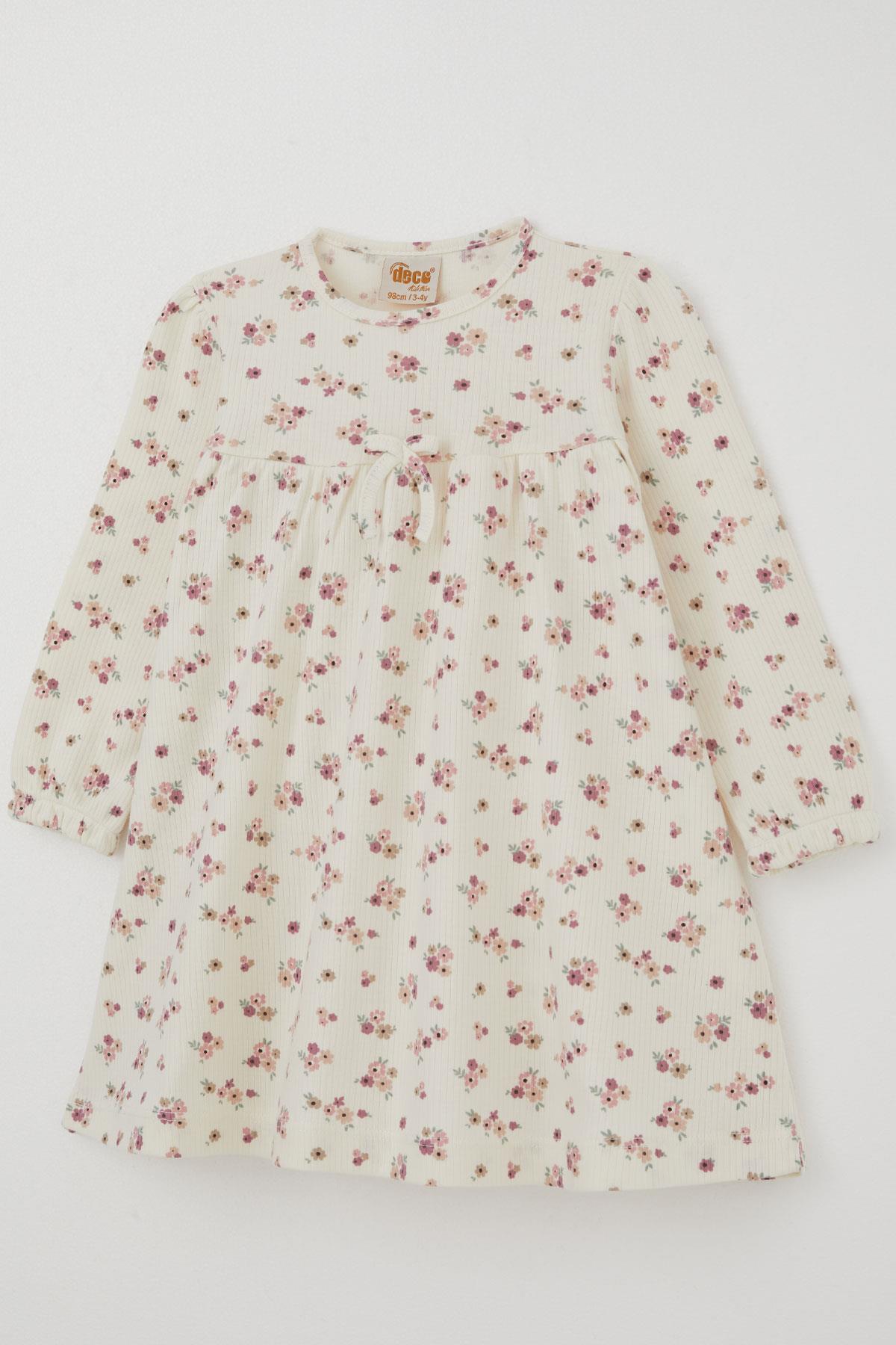 Deco Kız Çocuk Uzun Kollu Elbise Çiçek Desenli Fiyonk Aksesuarlı Ekru (2-5 Yaş)