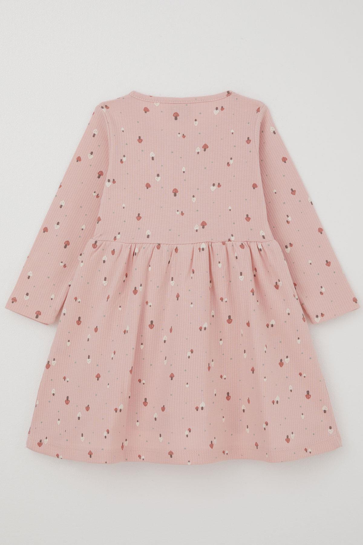 Deco Kız Çocuk Uzun Kollu Elbise Renkli Mantar Bahçesi Fiyonk Aksesuarlı Fırfırlı Pembe (2-5 Yaş)