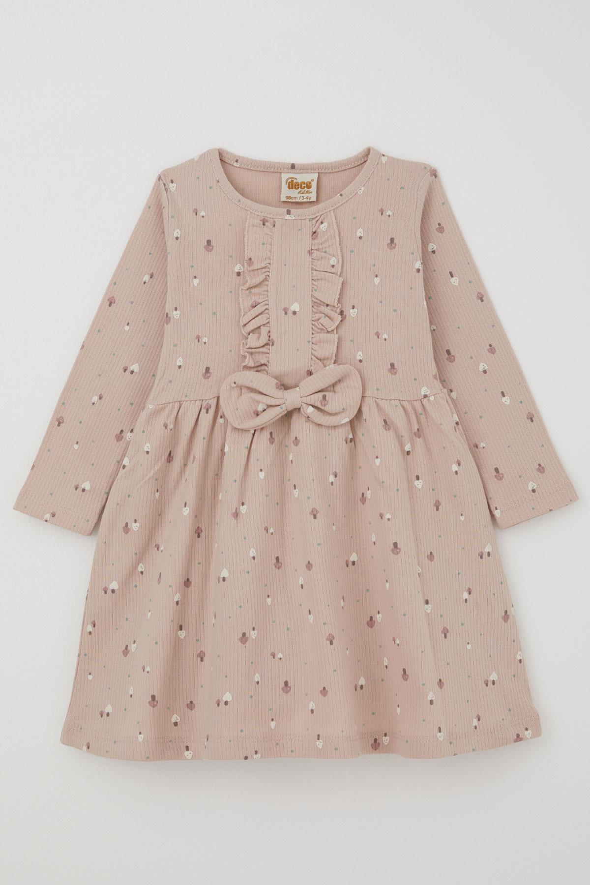 Deco Kız Çocuk Uzun Kollu Elbise Renkli Mantar Bahçesi Fiyonk Aksesuarlı Fırfırlı Pudra (2-5 Yaş)