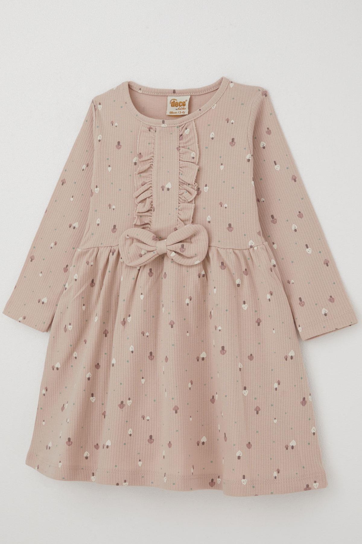 Deco Kız Çocuk Uzun Kollu Elbise Renkli Mantar Bahçesi Fiyonk Aksesuarlı Fırfırlı Pudra (2-5 Yaş)