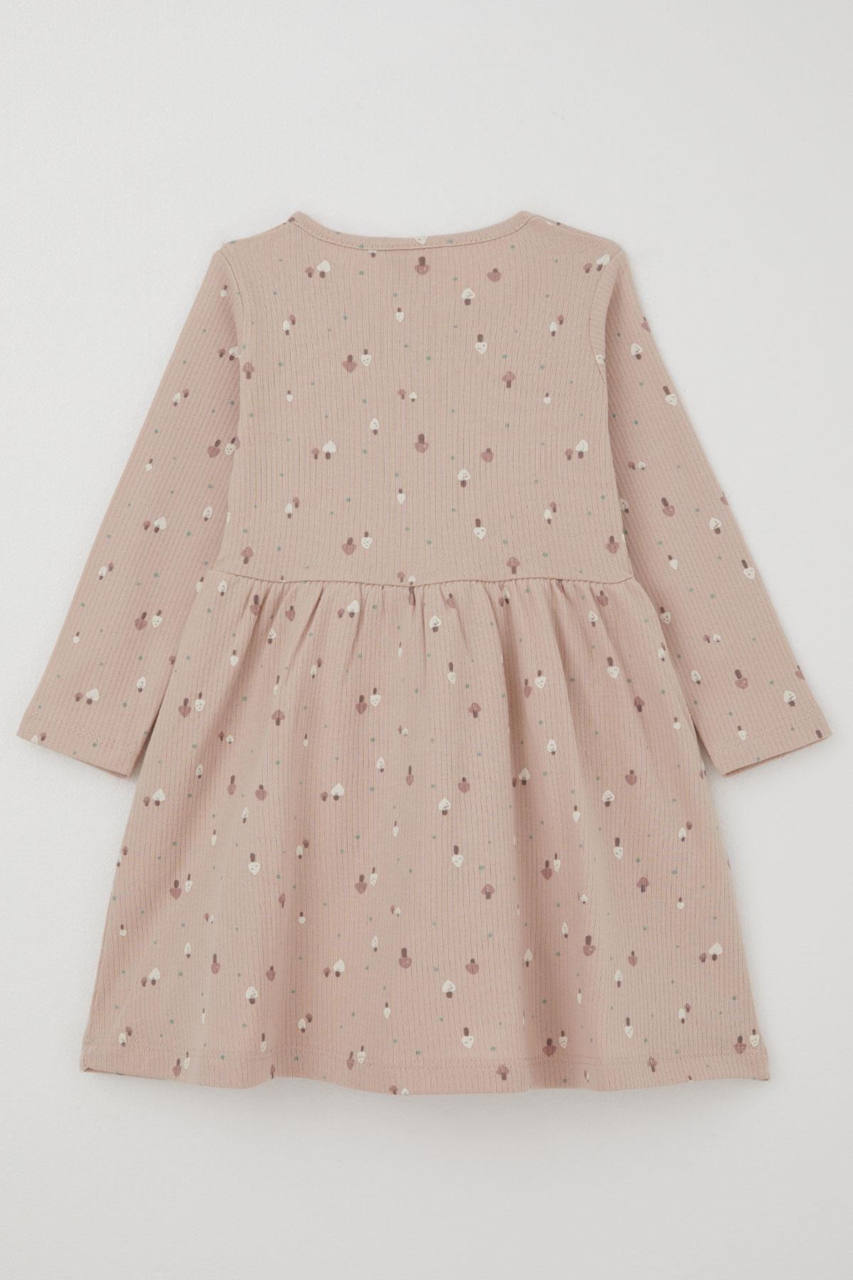 Deco Kız Çocuk Uzun Kollu Elbise Renkli Mantar Bahçesi Fiyonk Aksesuarlı Fırfırlı Pudra (2-5 Yaş)