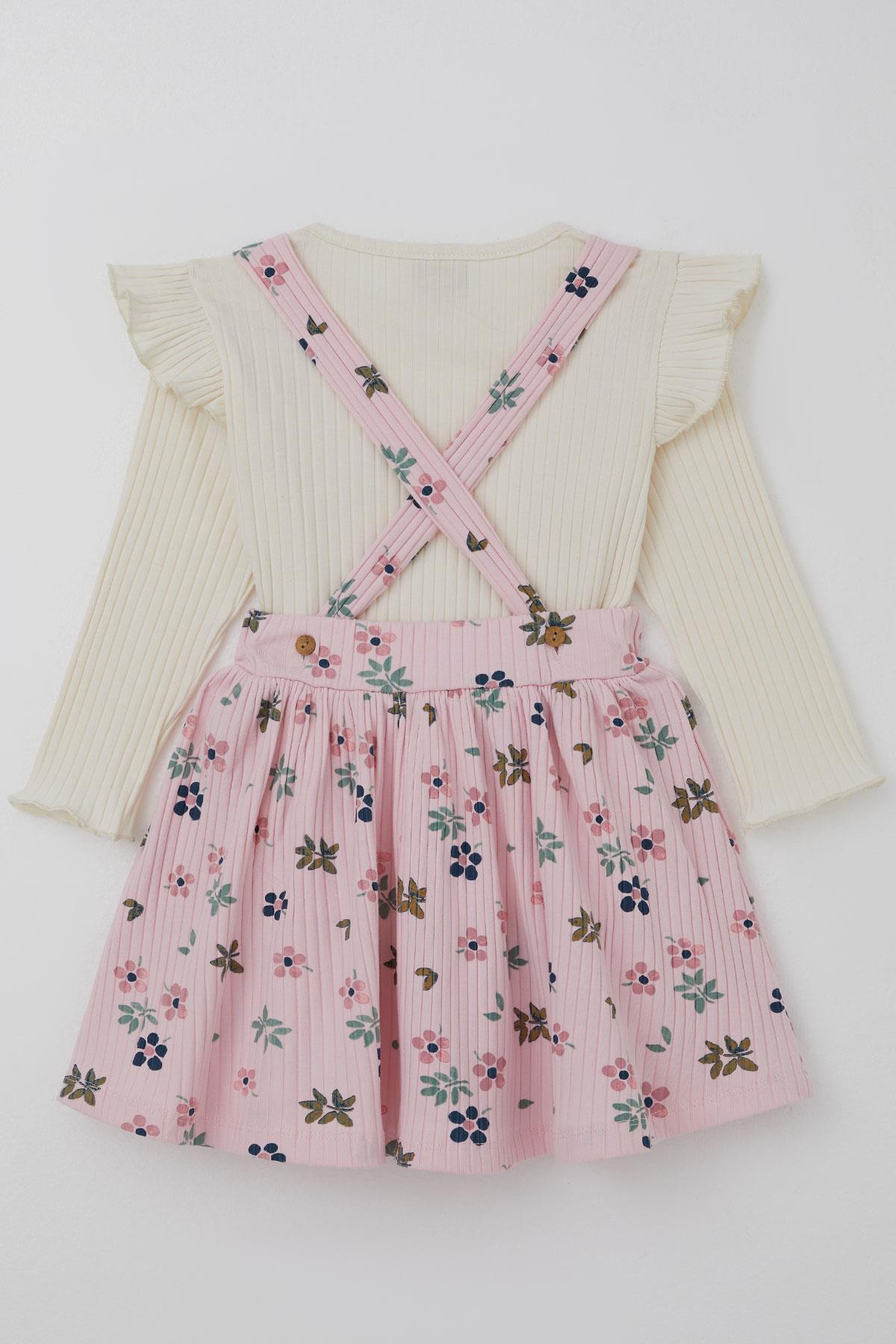 Deco Kız Çocuk Uzun Kollu Jile Elbise Çiçek Desenli Bodyli Fiyonk Detaylı Ekru (2-5 Yaş)