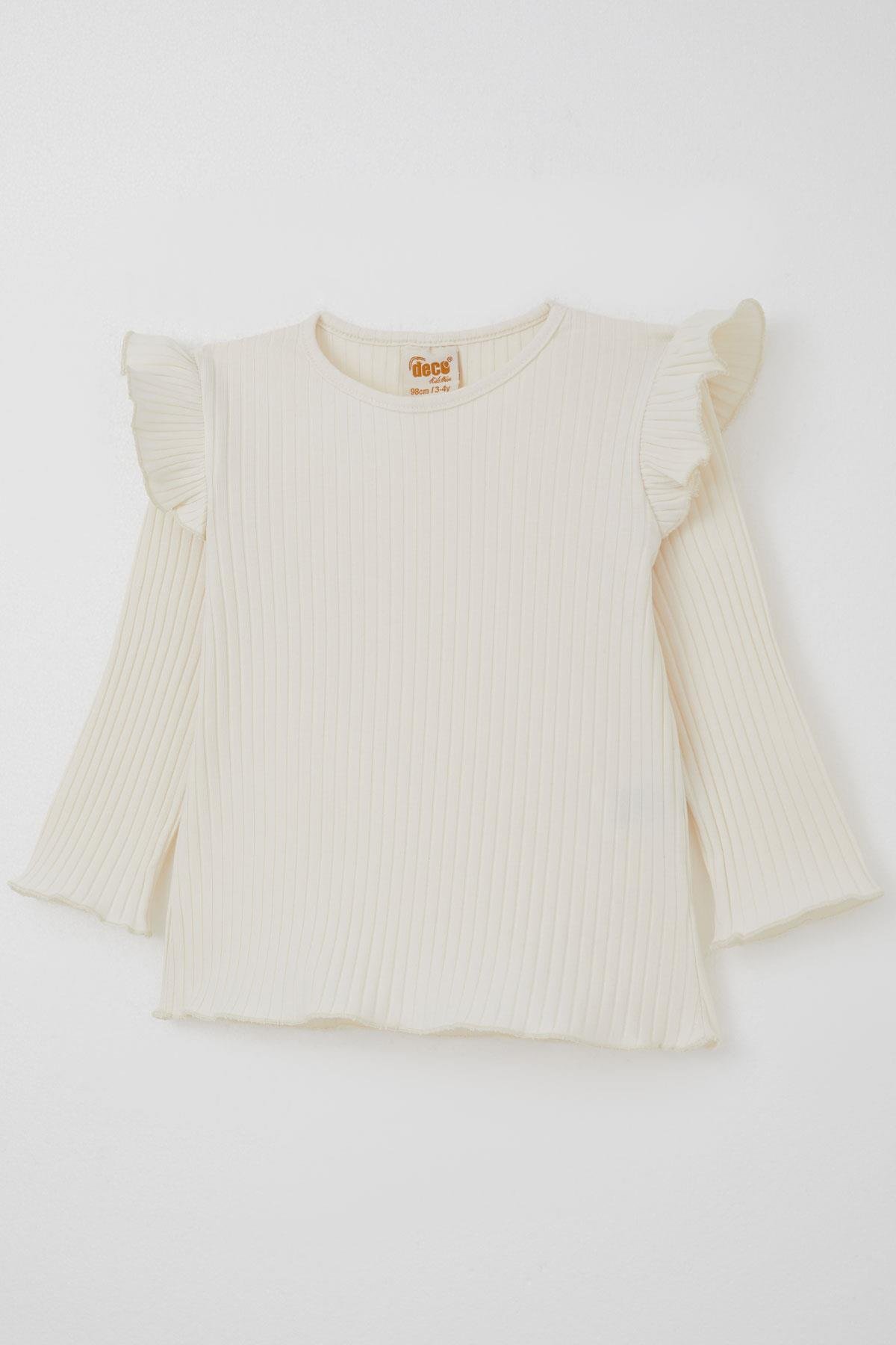 Deco Kız Çocuk Uzun Kollu Jile Elbise Çiçek Desenli Bodyli Fiyonk Detaylı Ekru (2-5 Yaş)