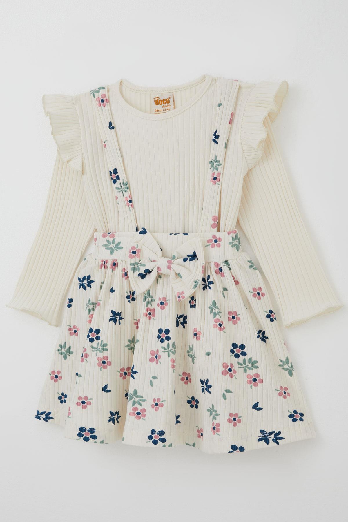 Deco Kız Çocuk Uzun Kollu Jile Elbise Çiçek Desenli Bodyli Fiyonk Detaylı Ekru (2-5 Yaş)