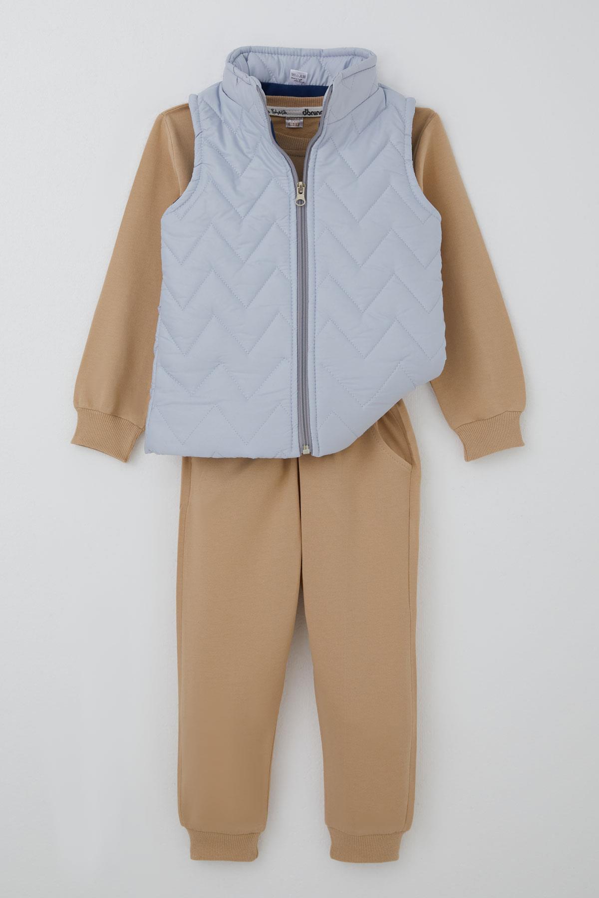 Donino Erkek Çocuk Eşofman Takımı Aslan Baskılı Zikzaklı Mikro Yelekli Açık Kahverengi (2-5 Yaş)