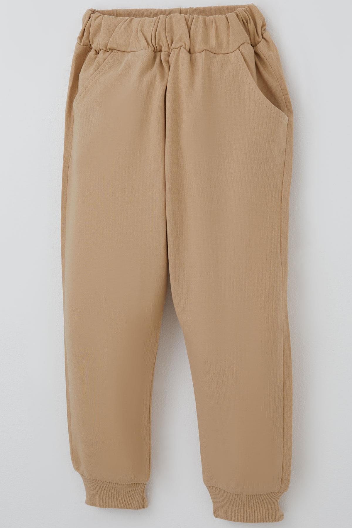 Donino Erkek Çocuk Eşofman Takımı Aslan Baskılı Zikzaklı Mikro Yelekli Açık Kahverengi (2-5 Yaş)