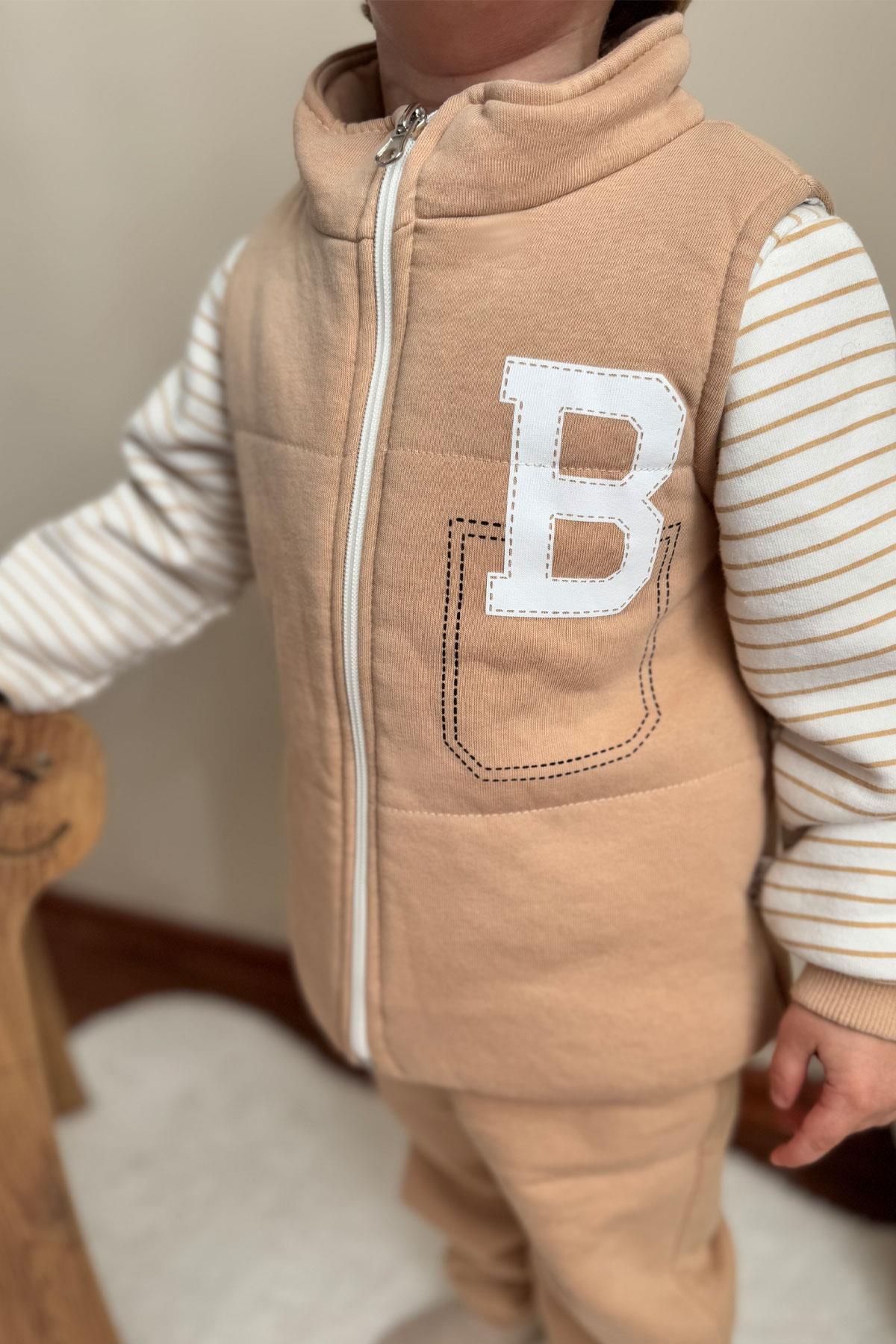 Donino Erkek Çocuk Eşofman Takımı B Harfi Baskılı Yelekli Bej (2-5 Yaş)