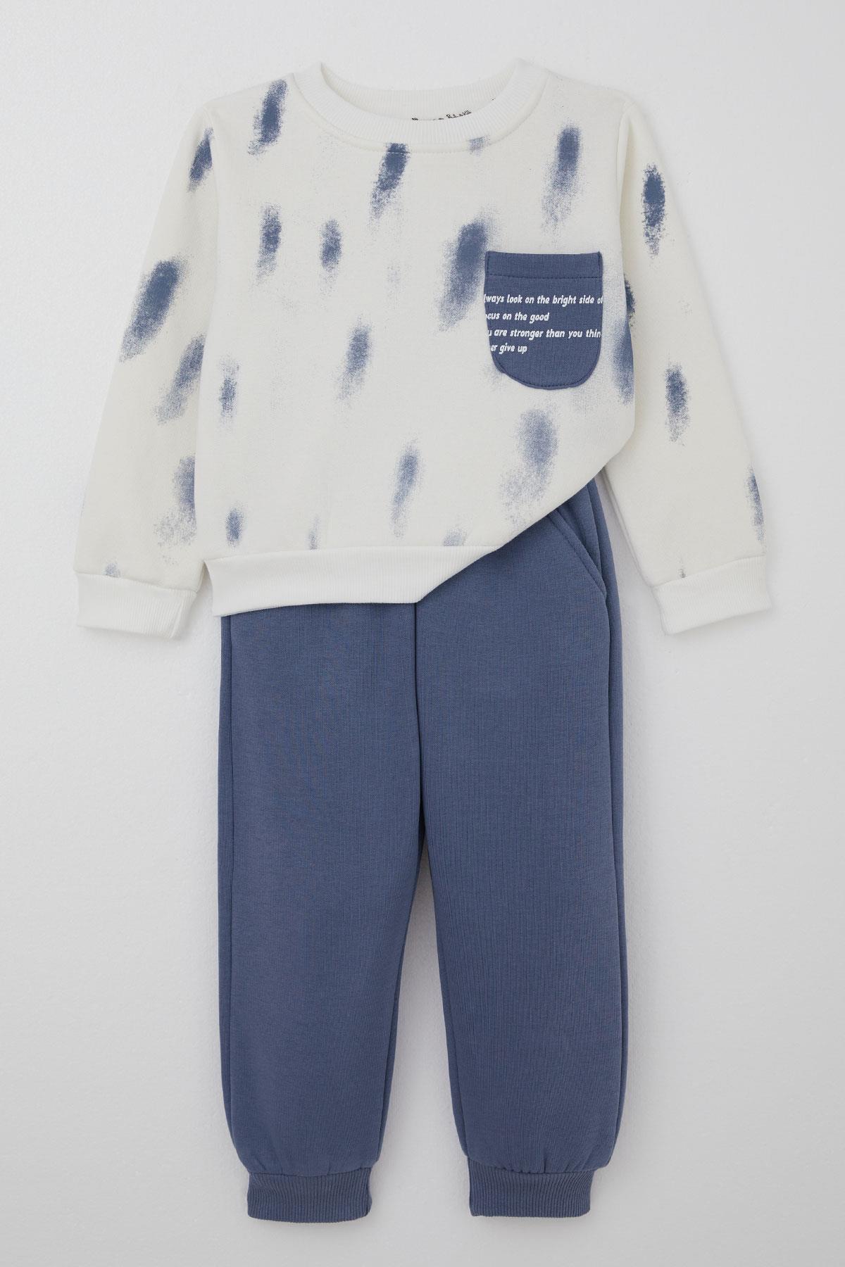 Donino Erkek Çocuk Eşofman Takımı Püskürtme Boya Desenli Cep Detaylı Ekru (2-5 Yaş)