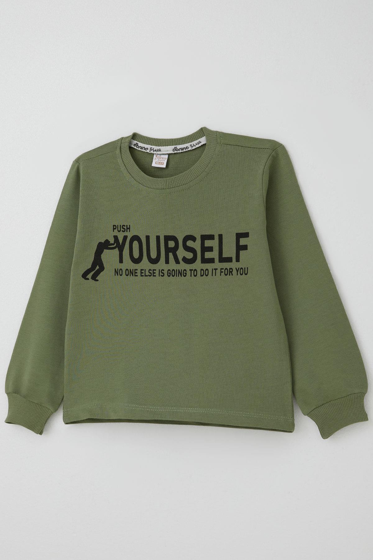 Donino Erkek Çocuk Eşofman Takımı Yazı Baskılı Kare Mikro Yelekli Haki Yeşil (2-5 Yaş)