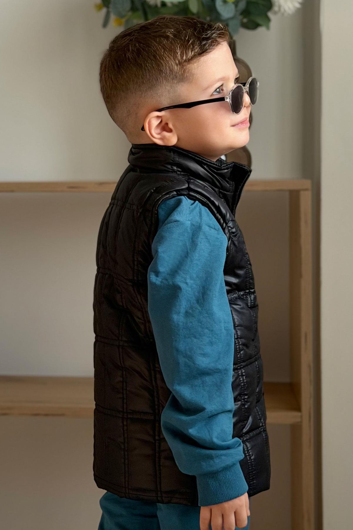 Donino Erkek Çocuk Eşofman Takımı Yazı Baskılı Kare Mikro Yelekli İndigo (2-4 Yaş)