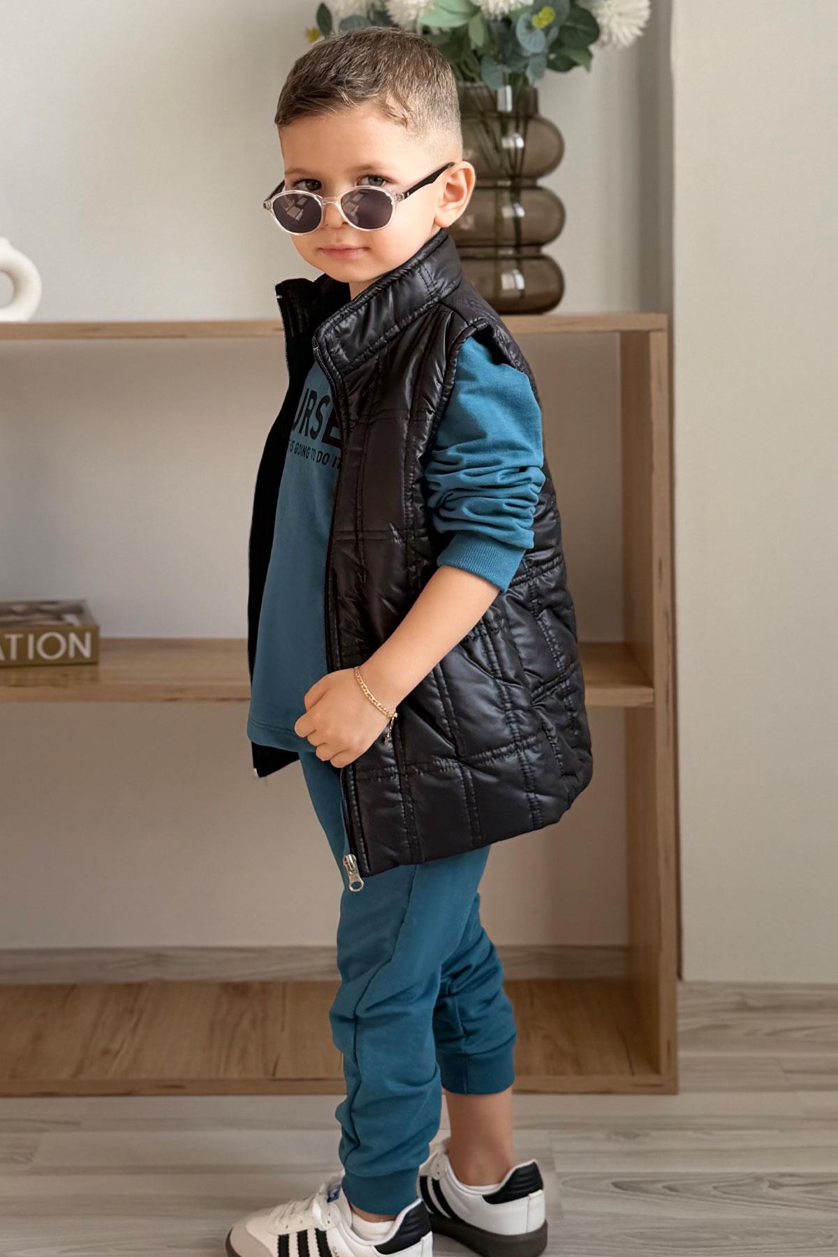 Donino Erkek Çocuk Eşofman Takımı Yazı Baskılı Kare Mikro Yelekli İndigo (2-4 Yaş)