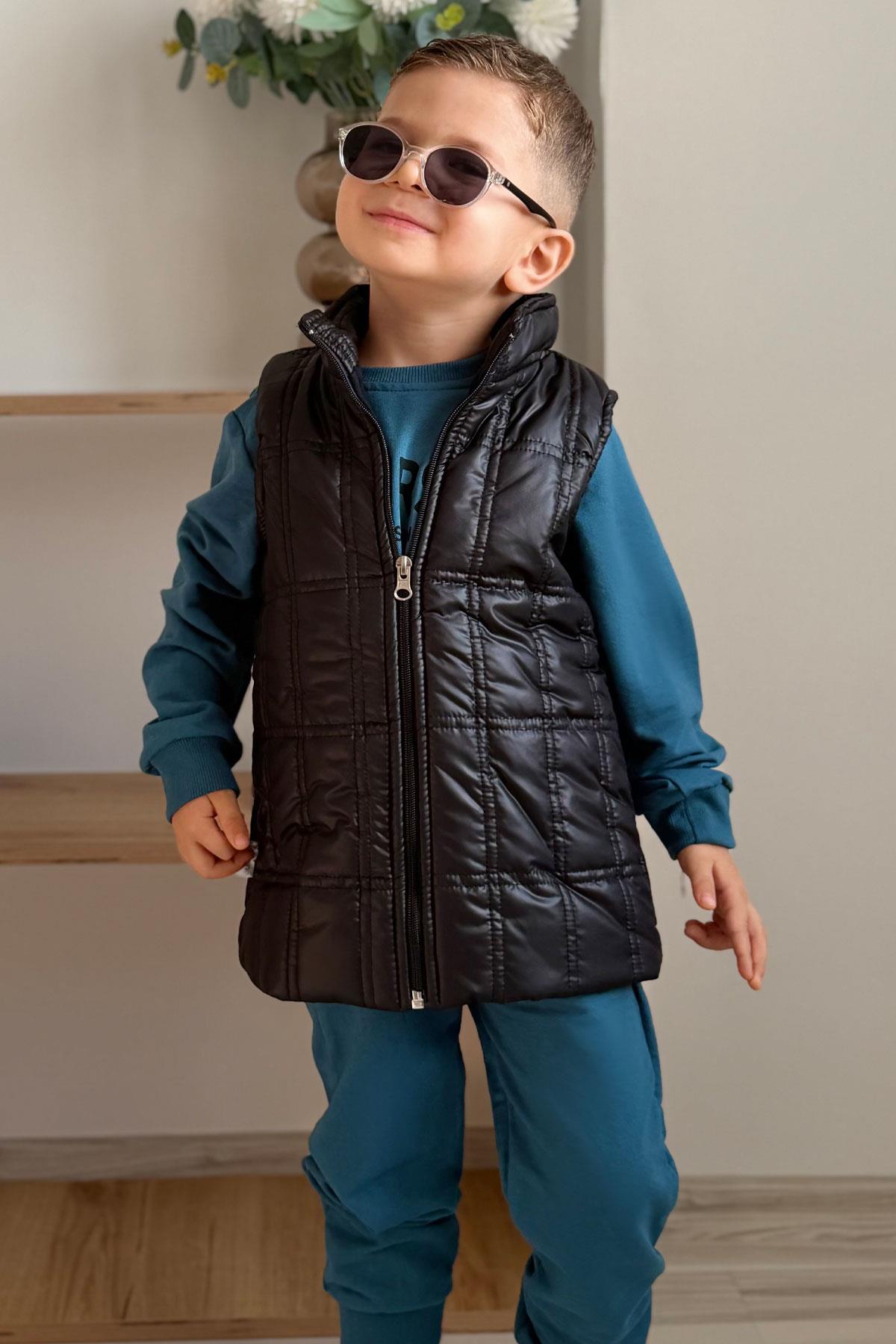 Donino Erkek Çocuk Eşofman Takımı Yazı Baskılı Kare Mikro Yelekli İndigo (2-4 Yaş)