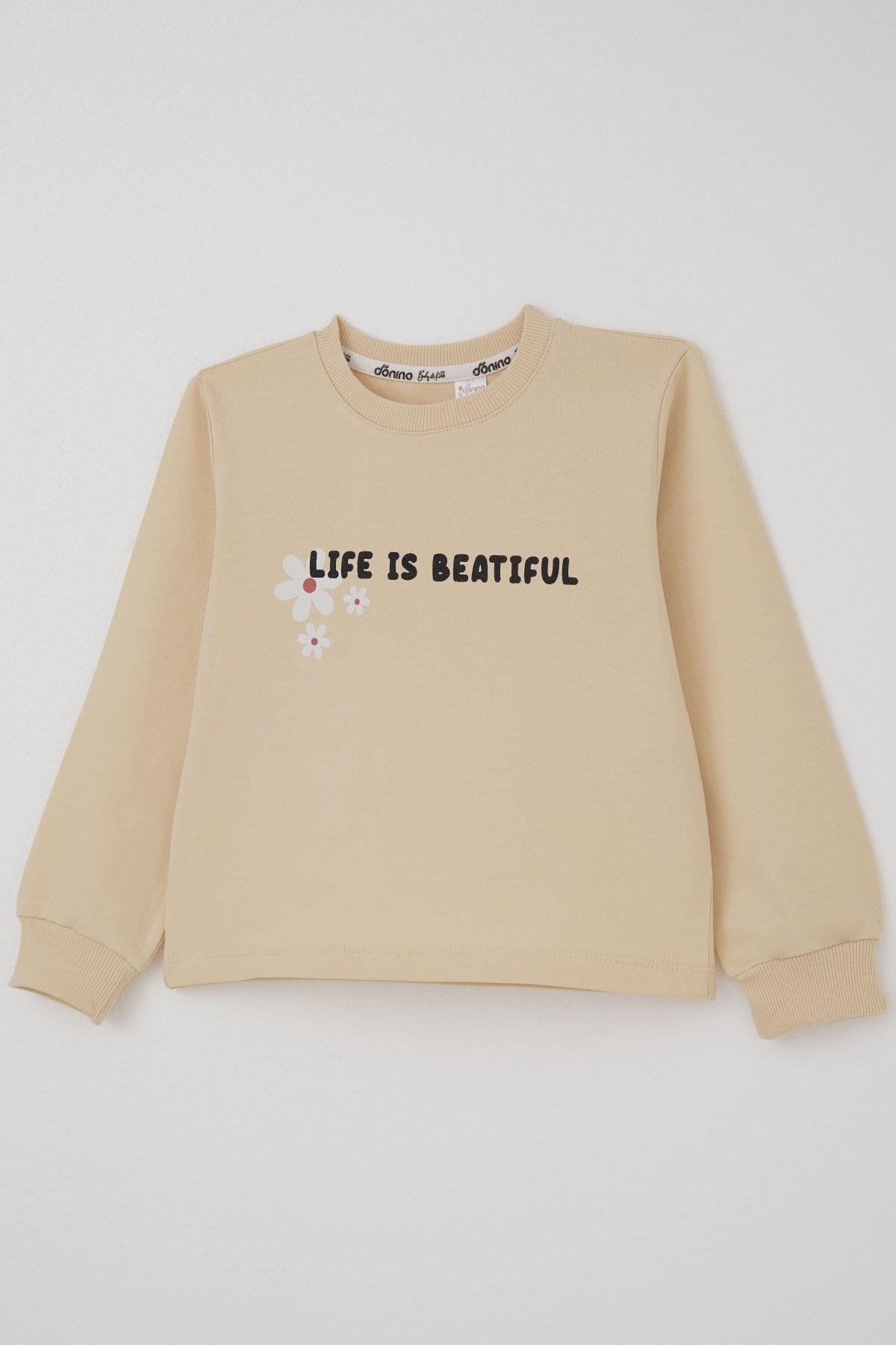 Donino Kız Çocuk Eşofman Takımı Çiçek Baskılı Kapitone Mikro Yelekli Krem (2-5 Yaş)