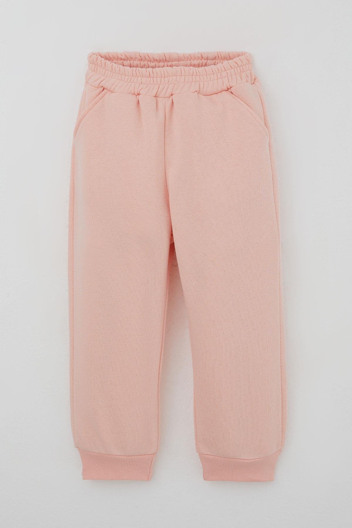 Donino Kız Çocuk Eşofman Takımı Çiçekli Örgü Cep Detaylı Çıtçıtlı Somon (2-5 Yaş)