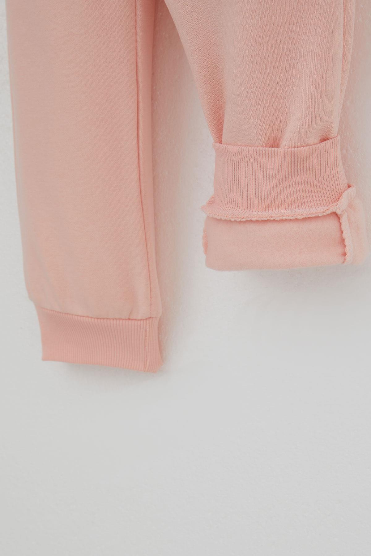 Donino Kız Çocuk Eşofman Takımı Çiçekli Örgü Cep Detaylı Çıtçıtlı Somon (2-5 Yaş)