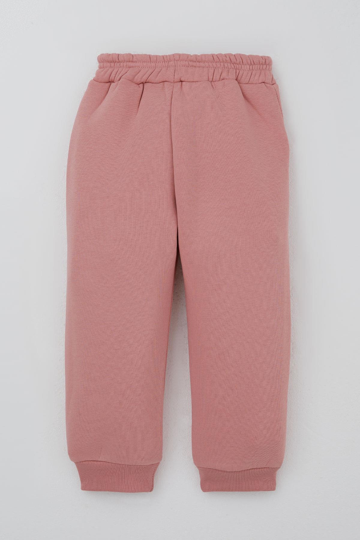 Donino Kız Çocuk Eşofman Takımı Çiçekli Örgü Cep Detaylı Çıtçıtlı Gülkurusu (2-5 Yaş)