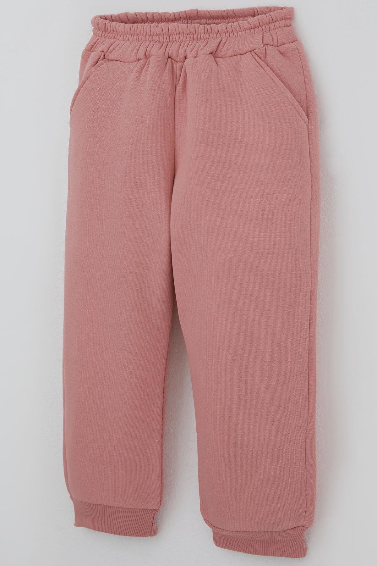 Donino Kız Çocuk Eşofman Takımı Çiçekli Örgü Cep Detaylı Çıtçıtlı Gülkurusu (2-5 Yaş)