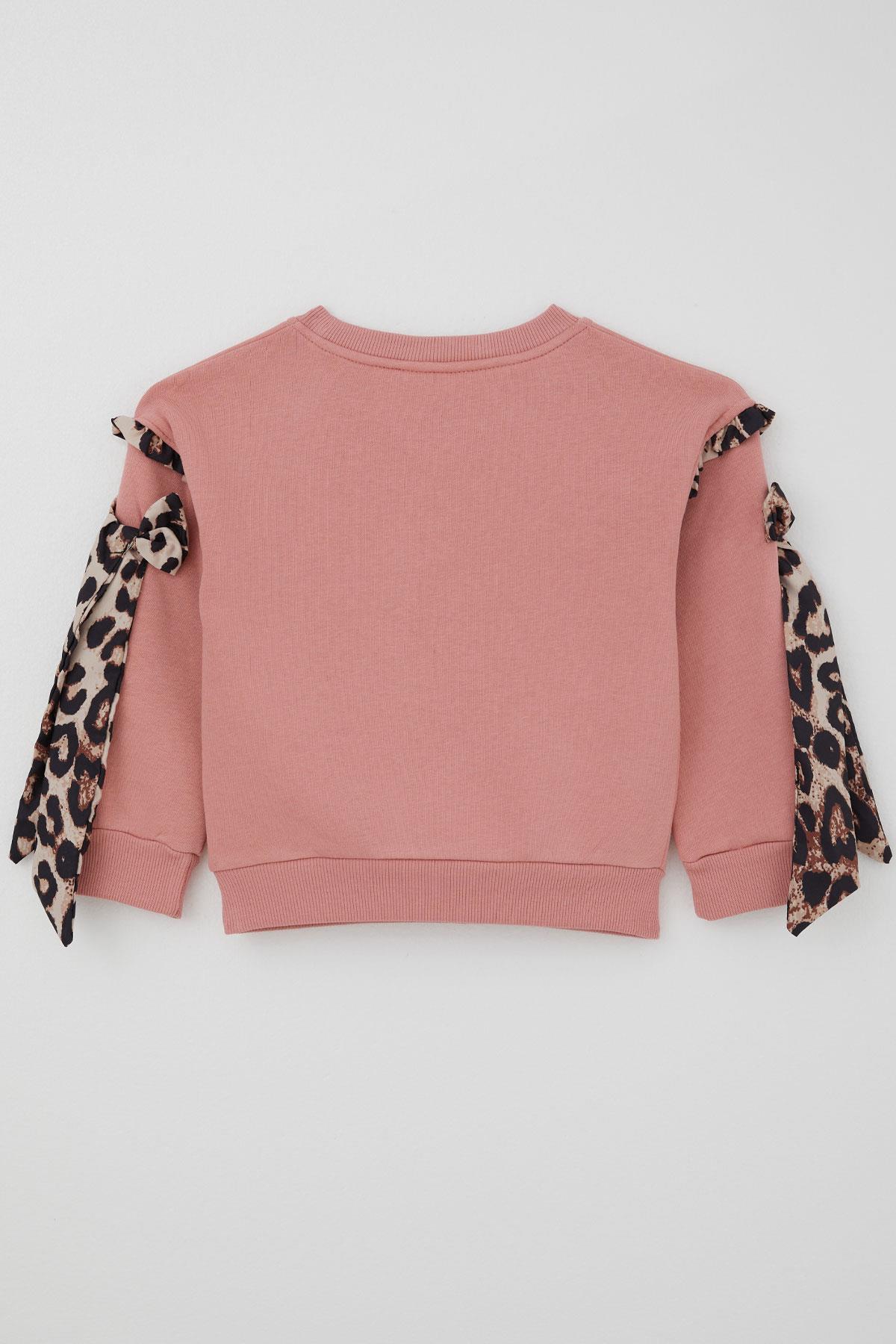 Donino Kız Çocuk Eşofman Takımı Kolları Leopar Fiyonk Aksesuarlı Yazı Baskılı Gülkurusu (2-5 Yaş)