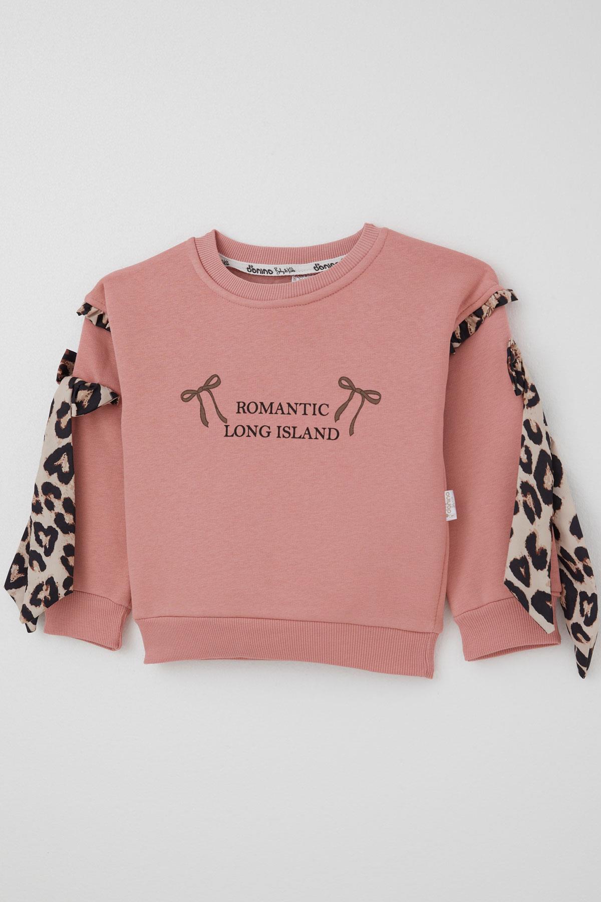 Donino Kız Çocuk Eşofman Takımı Kolları Leopar Fiyonk Aksesuarlı Yazı Baskılı Gülkurusu (2-5 Yaş)