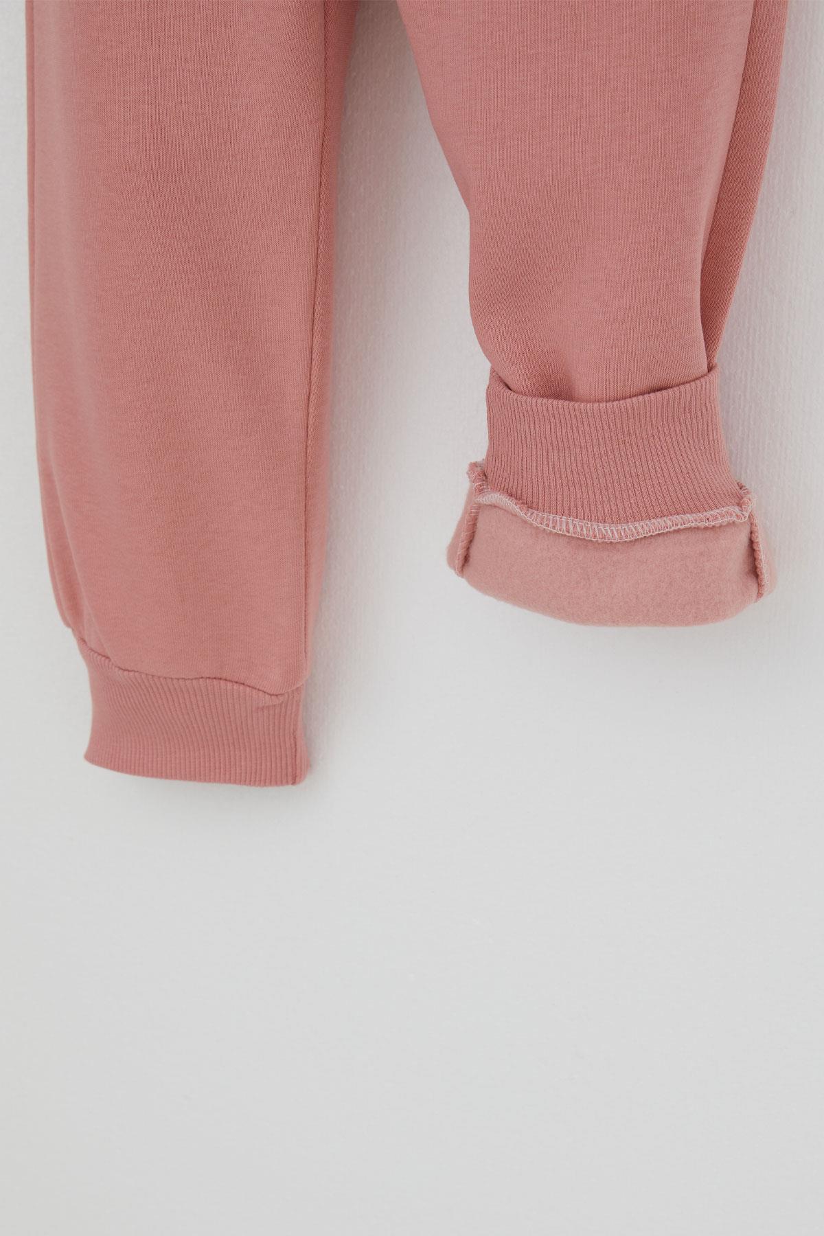 Donino Kız Çocuk Eşofman Takımı Kolları Leopar Fiyonk Aksesuarlı Yazı Baskılı Gülkurusu (2-5 Yaş)