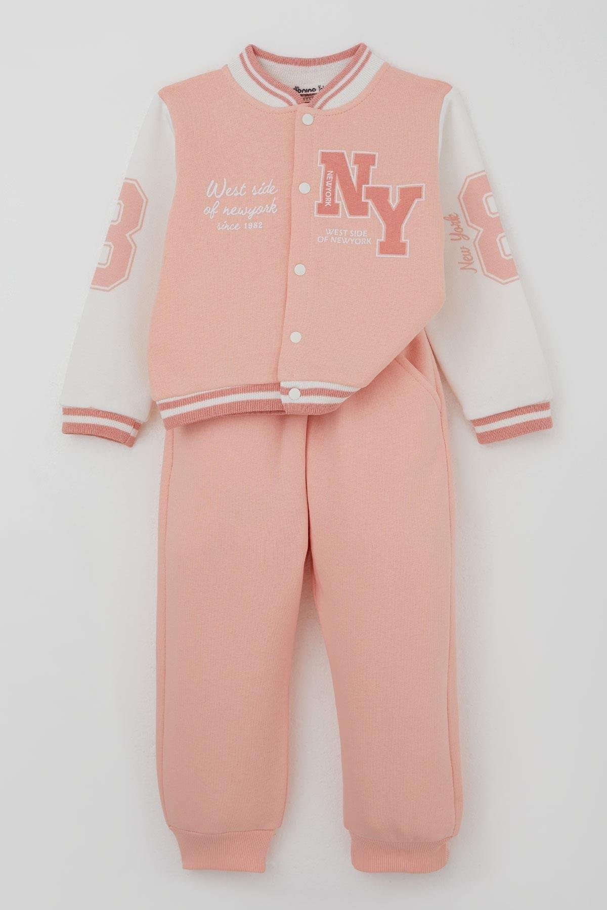 Donino Kız Çocuk Eşofman Takımı Yazı Baskılı Çıtçıtlı Somon (2-5 Yaş)