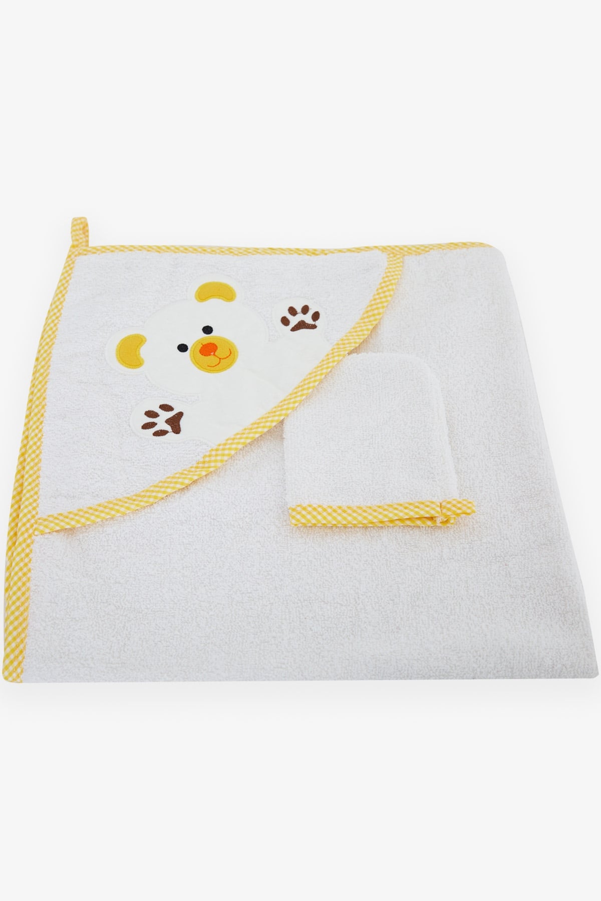 ELMA ŞEKERİ Bebek Banyo Havlusu Keseli Ayıcık Nakışlı Beyaz