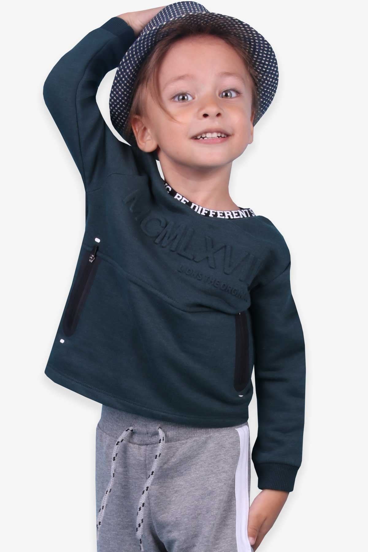 Escabel Erkek Çocuk Sweatshirt Cepleri Fermuarlı Zümrüt Yeşili (1-4 Yaş)