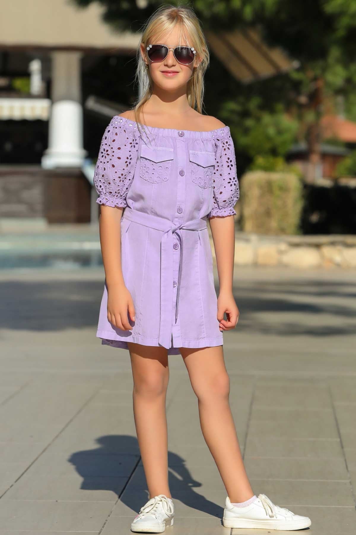 Escabel Kız Çocuk Elbise Omzu Açık Kolları Fistolu Lila (5-9 Yaş)