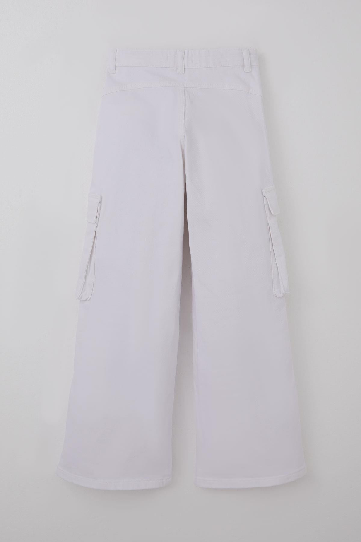 Escabel Kız Çocuk Gabardin Pantolon Kargo Cep Detaylı Beyaz (10-14 Yaş)