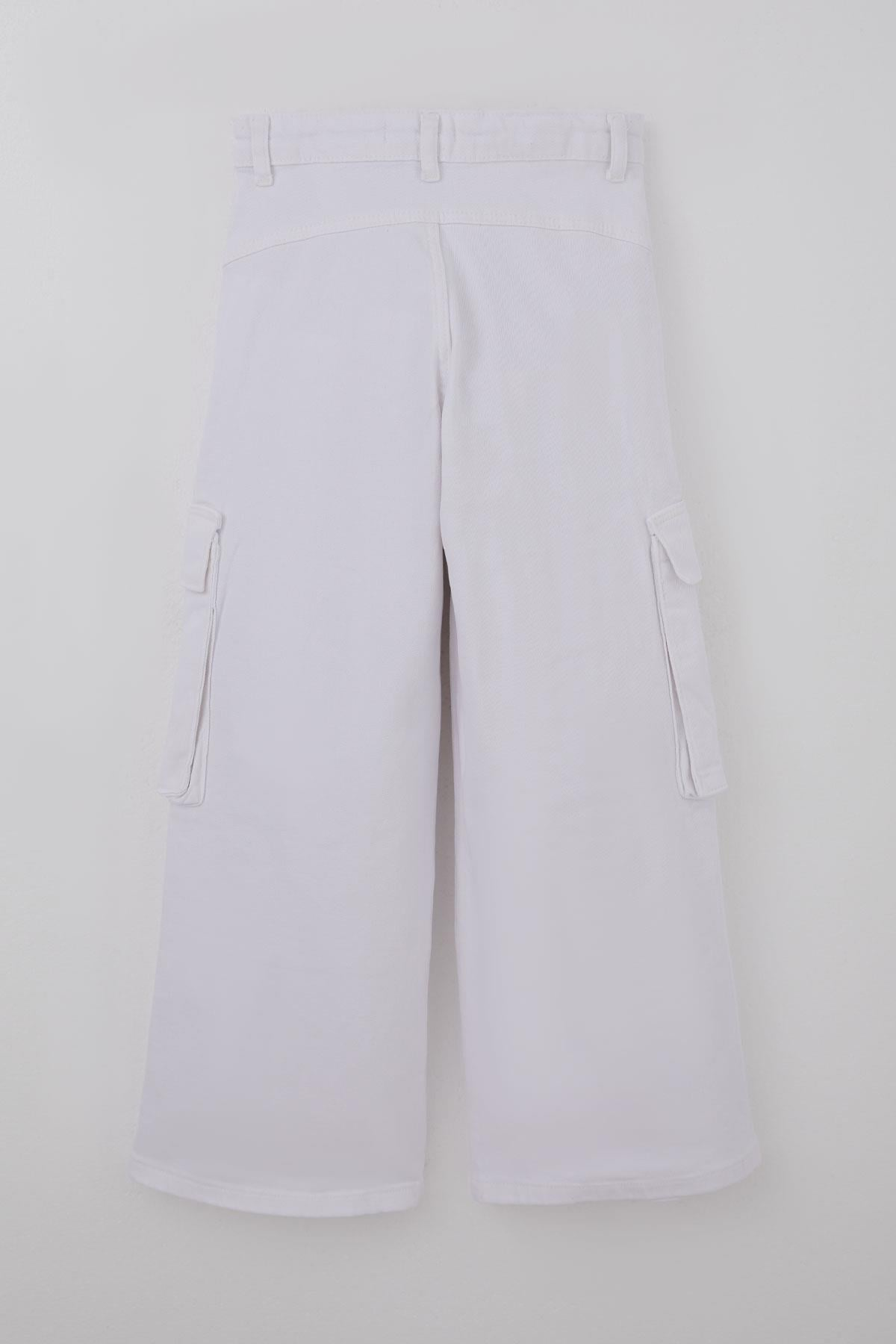 Escabel Kız Çocuk Gabardin Pantolon Kargo Cep Detaylı Beyaz (5-9 Yaş)