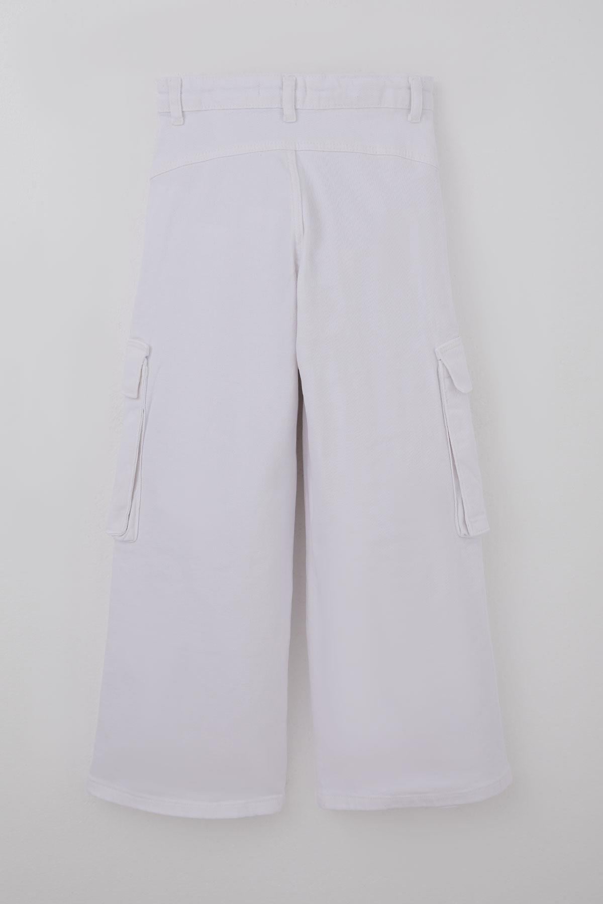 Escabel Kız Çocuk Gabardin Pantolon Kargo Cep Detaylı Beyaz (5-9 Yaş)