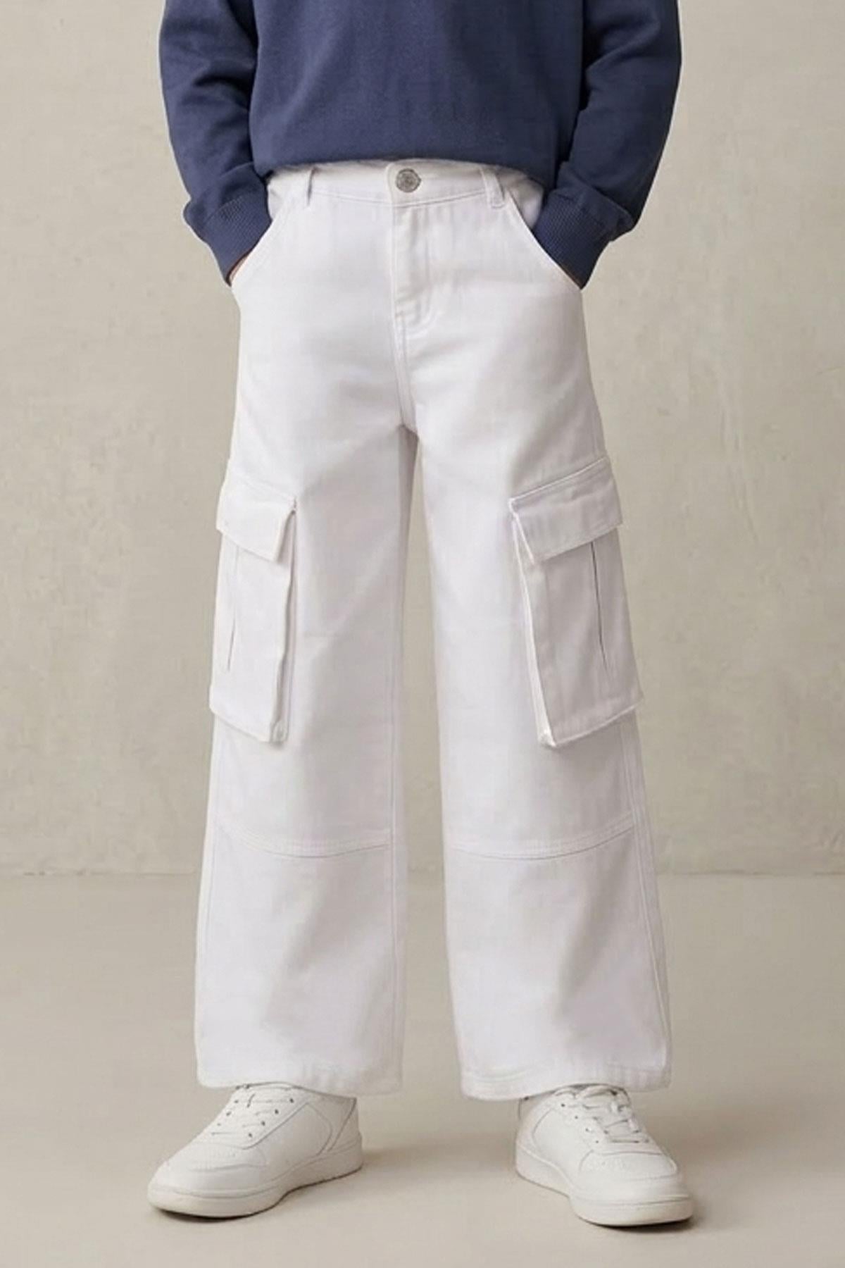 Escabel Kız Çocuk Gabardin Pantolon Kargo Cep Detaylı Beyaz (5-9 Yaş)