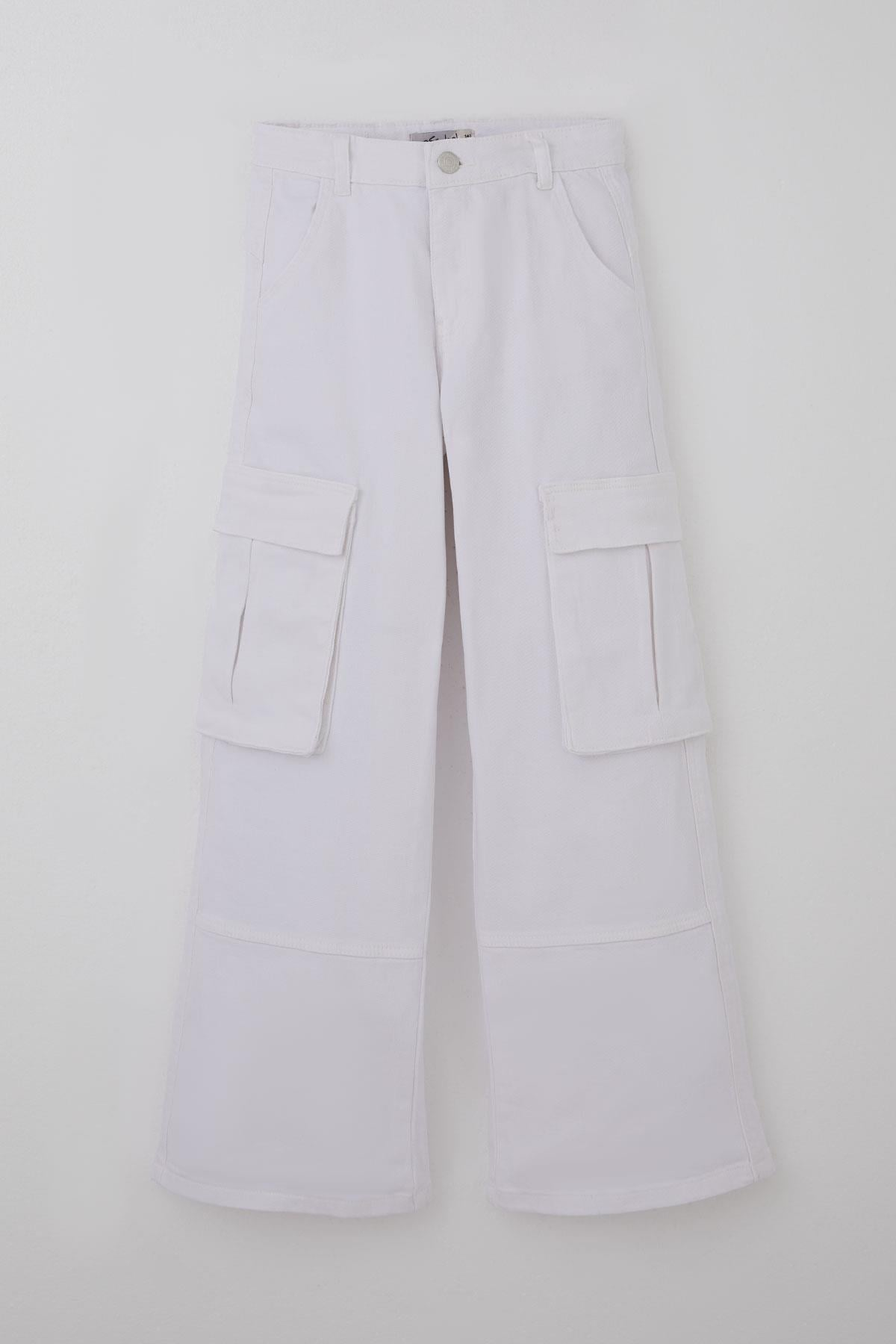 Escabel Kız Çocuk Gabardin Pantolon Kargo Cep Detaylı Beyaz (10-14 Yaş)