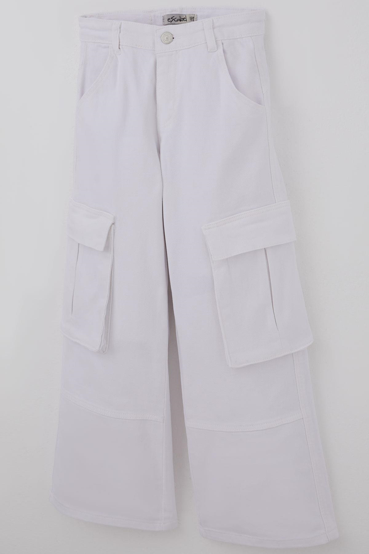 Escabel Kız Çocuk Gabardin Pantolon Kargo Cep Detaylı Beyaz (5-9 Yaş)