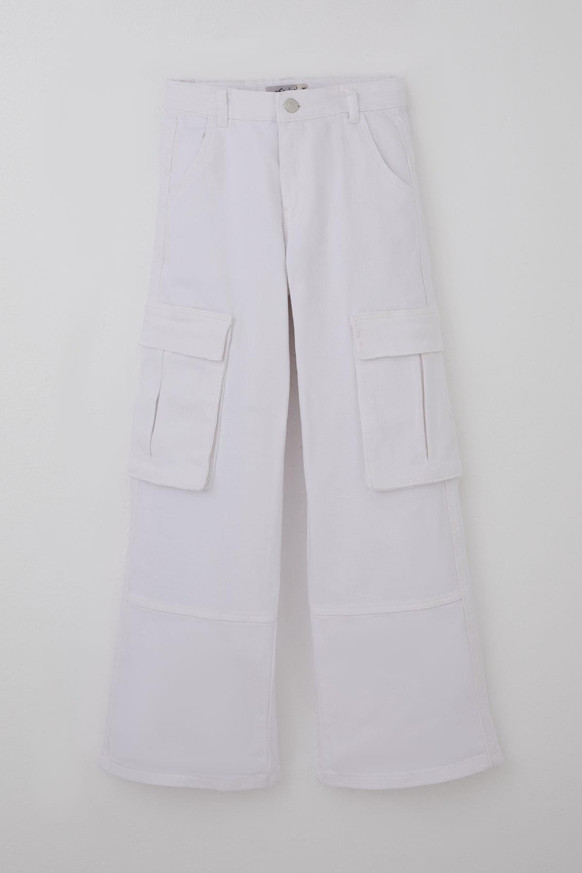 Escabel Kız Çocuk Gabardin Pantolon Kargo Cep Detaylı Beyaz (10-14 Yaş)
