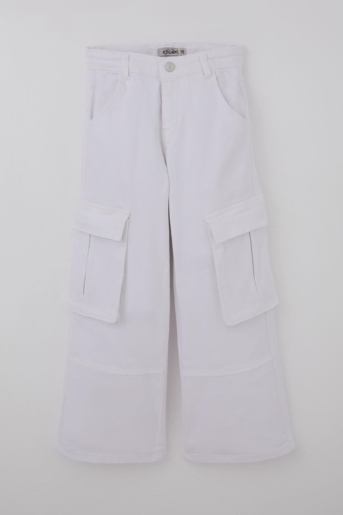 Escabel Kız Çocuk Gabardin Pantolon Kargo Cep Detaylı Beyaz (5-9 Yaş)
