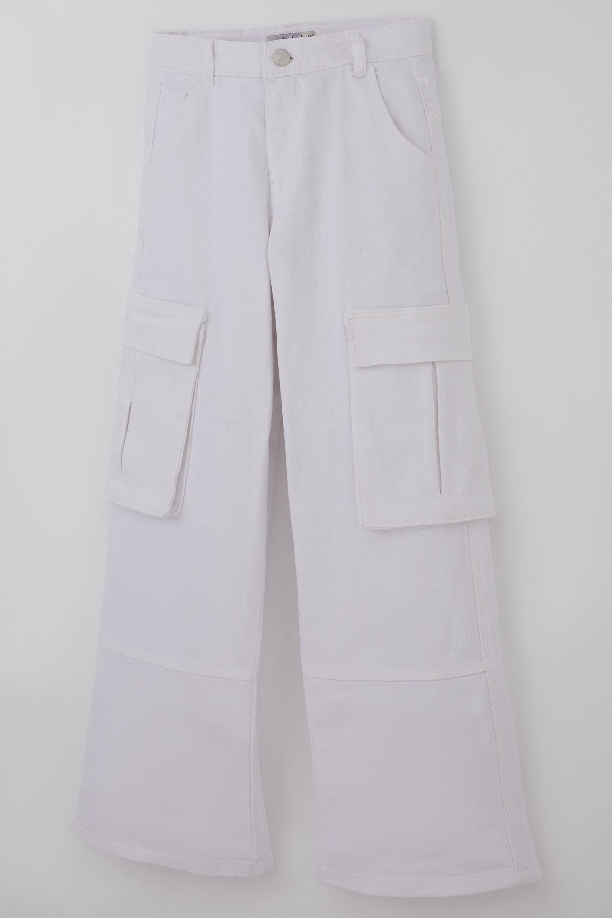 Escabel Kız Çocuk Gabardin Pantolon Kargo Cep Detaylı Beyaz (10-14 Yaş)