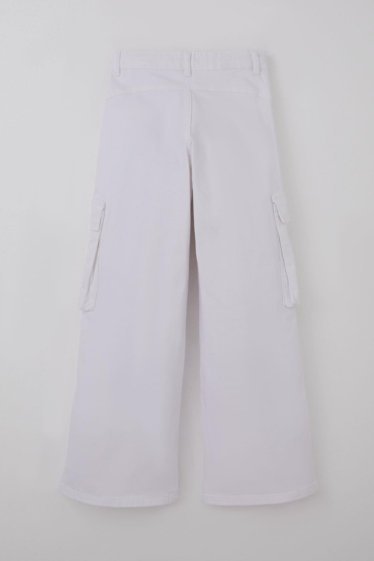 Escabel Kız Çocuk Gabardin Pantolon Kargo Cep Detaylı Beyaz (10-14 Yaş)