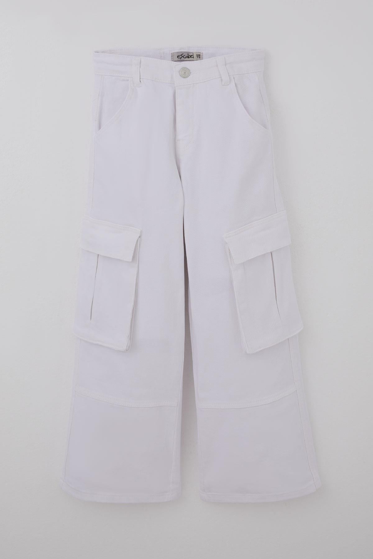 Escabel Kız Çocuk Gabardin Pantolon Kargo Cep Detaylı Beyaz (5-9 Yaş)