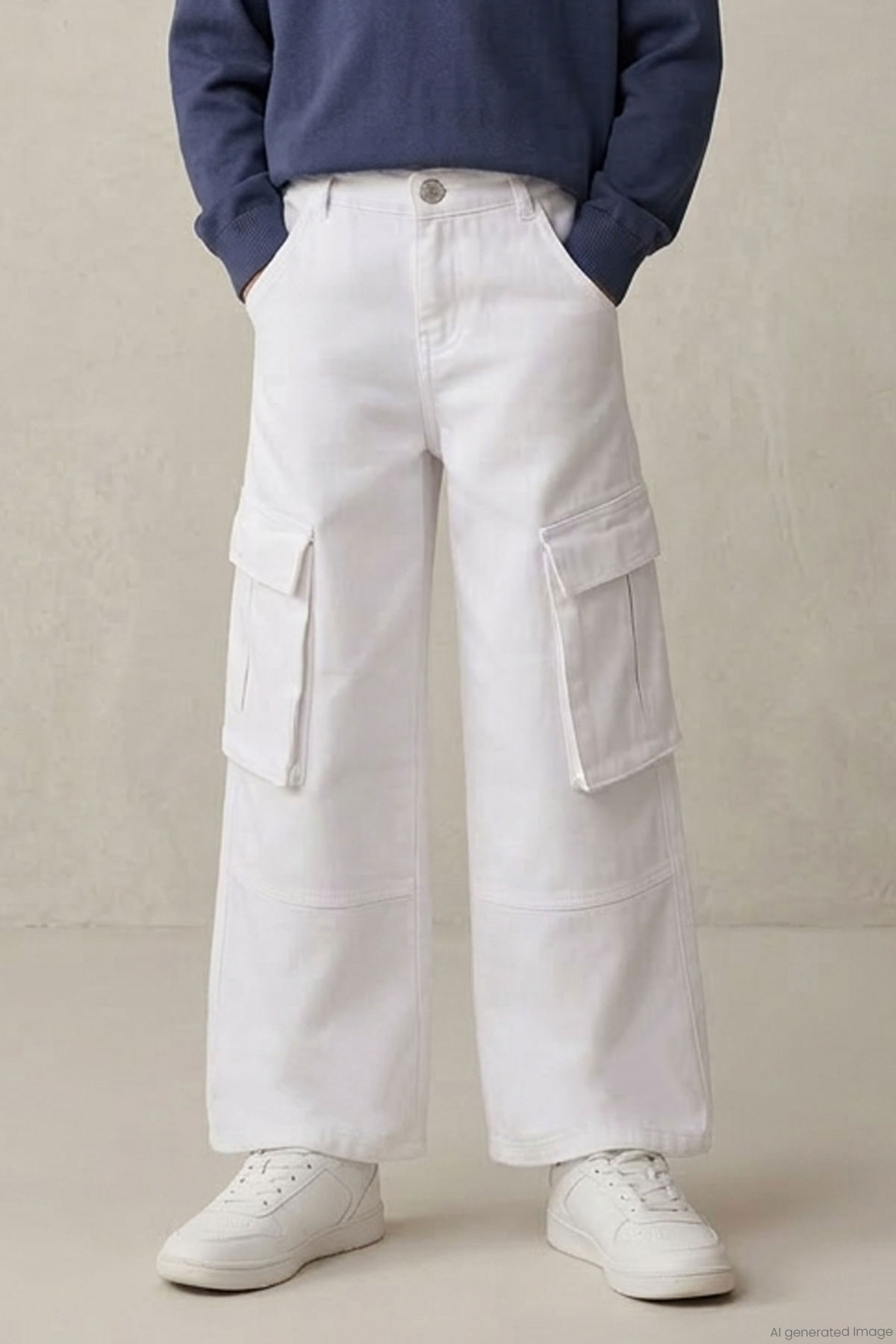 Escabel Kız Çocuk Gabardin Pantolon Kargo Cep Detaylı Beyaz (5-9 Yaş)