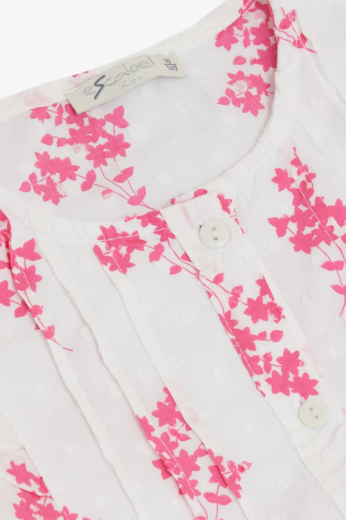 ESCABEL Kız Çocuk Gömlek Çiçek Desenli Kolları Lastikli Beyaz (10-14 Yaş)