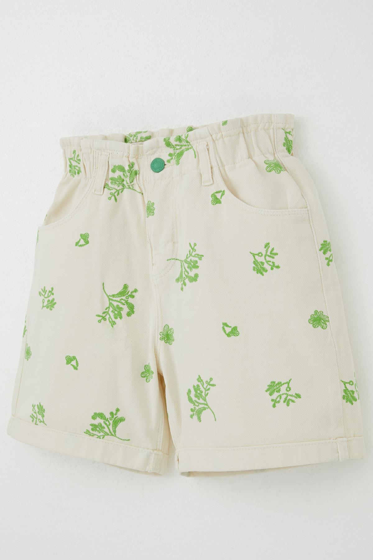 Escabel Kız Çocuk Jean Şort Çiçek Desenli Krem (10-14 Yaş)